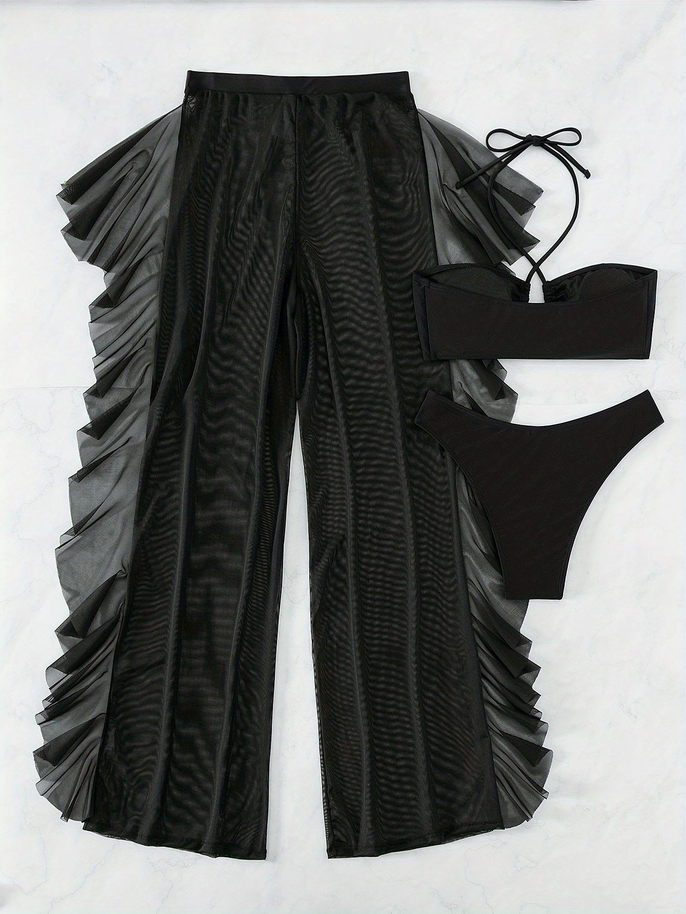 [Sexy Mesh Bikini] Three-piece Sexy Black Mesh Bikini Swimsuit Women's Pure Fashion Gathered Cross-Band Panty