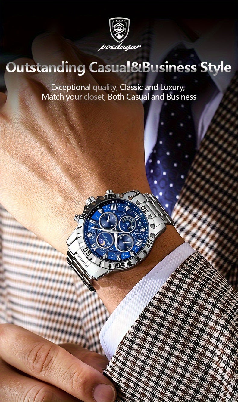 [New Business Water Resistance Watch] POEDAGAR 2024 New Business Executive Men's Quartz Chronograph Watch with Water Resistance, Night Light, and Stainless Steel Band