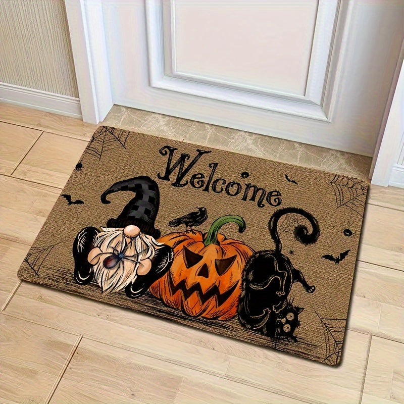 Halloween-Themed Non-Slip Door Mat With Pumpkin, Black Cat & Gnomes Design - Washable Polyester Entrance Rug For Home & Kitchen Decor