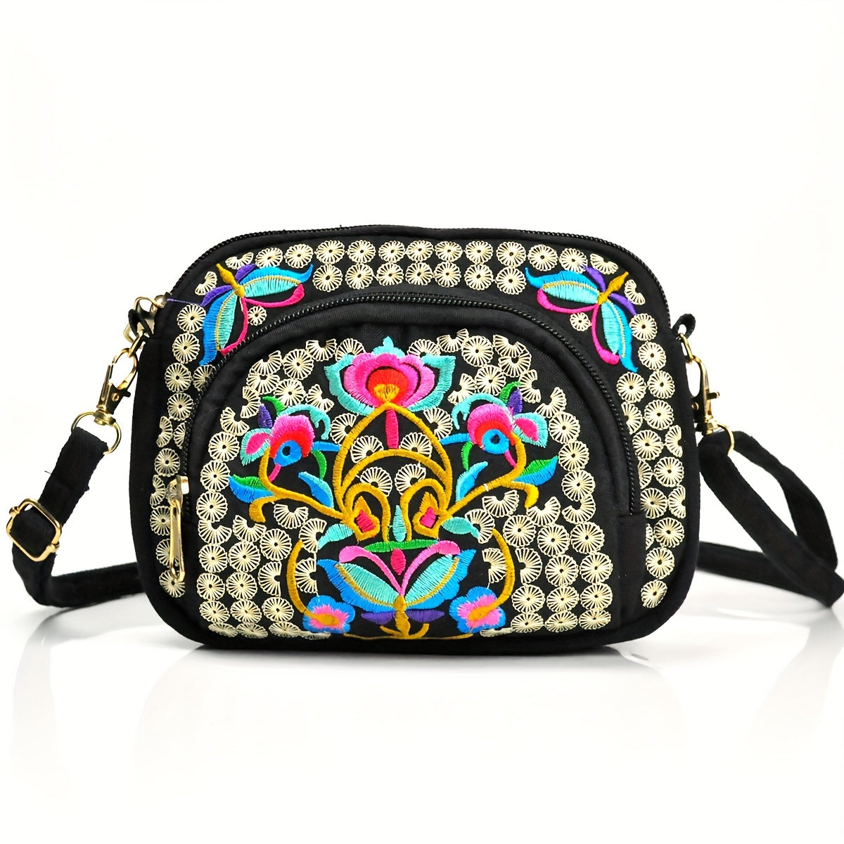 Vibrant Floral Embroidered Crossbody Bag for Women - Lightweight, Double-Sided Design with Detachable Strap, Zipper Closure, and Phone Pocket - Perfect for Casual Outings, Travel Accessory | Vibrant Pattern Bag | Coin Purse