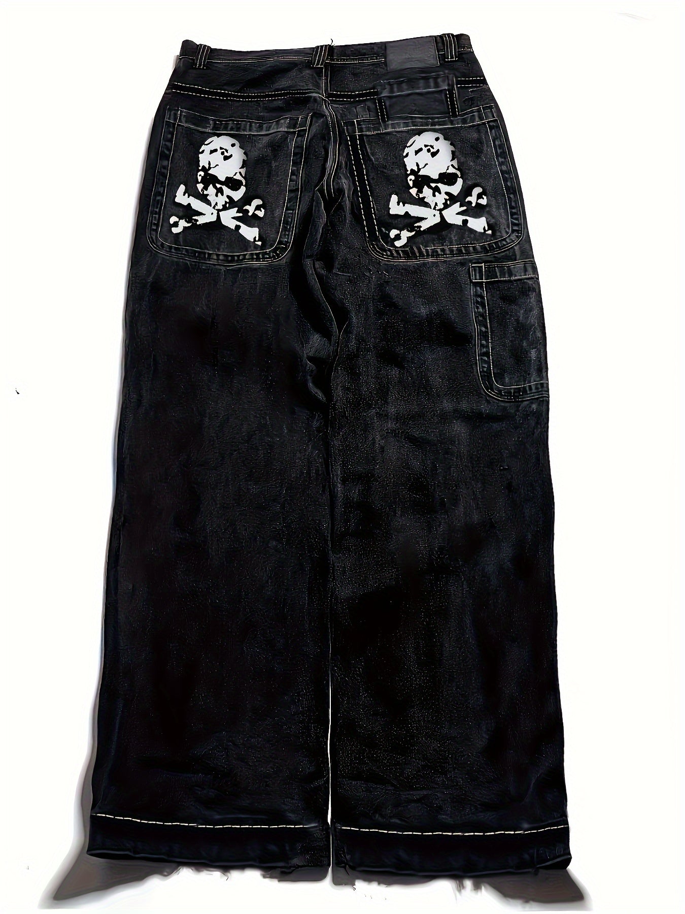 1pc Y2K Street Style Skull Print Multi-Pocket Denim Jeans, Cotton Blend, Non-Stretch Fabric, Regular Fit, All-Season, Halloween Pattern, Woven, Regular Length - 30% Cotton, 27% Rayon, 43% Polyester