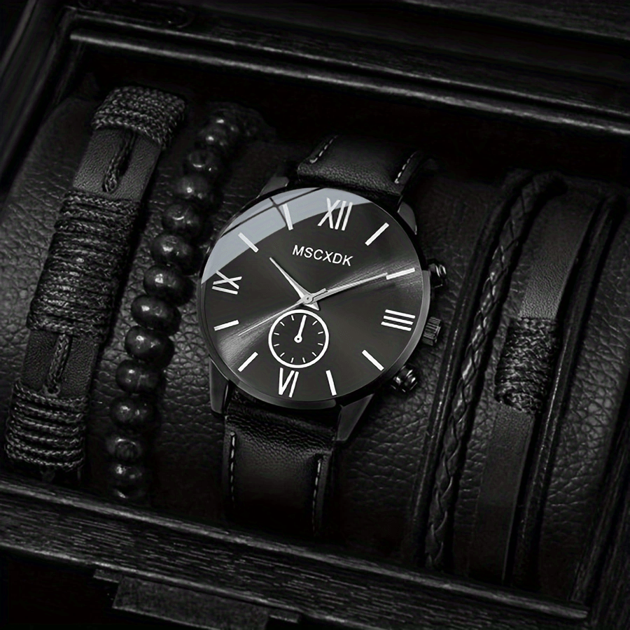 1pc Men's Quartz Watch & 3pcs Bracelets, Men's Watch Set, Ideal choice for Gifts