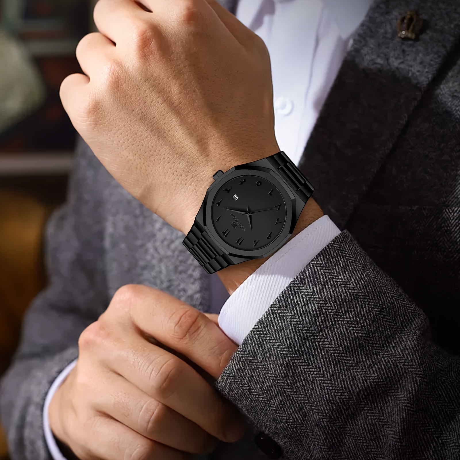 [Luxury Men's Watch] VA VA VOOM Luxury Men's Watch | Stainless Steel Black & Golden Chronograph with Arabic Numerals, Quartz Movement, Elegant Business Style | Perfect Gift for Dad, Husband, Boyfriend on Father's Day, Valenti