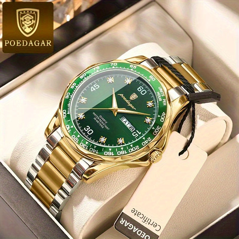 1pc POEDAGAR Luxury Analog Quartz Watch with Chronograph, Green Dial & Golden Hands - /Alloy Case, High Quality 1181.1inch, Night Light, Multi-Dial (Day/Date/Day of Week/Date of Month) - Elegant Women's & Men's Watch for Wedd