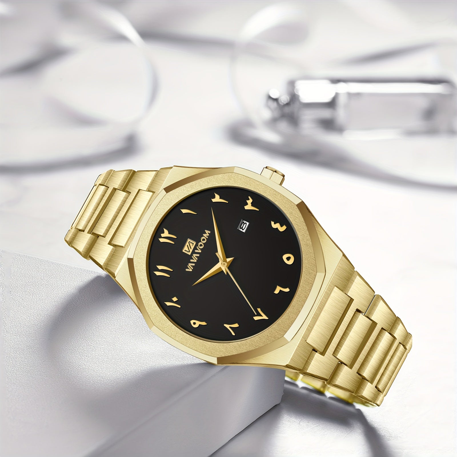 [Luxury Men's Watch] VA VA VOOM Luxury Men's Watch | Stainless Steel Black & Golden Chronograph with Arabic Numerals, Quartz Movement, Elegant Business Style | Perfect Gift for Dad, Husband, Boyfriend on Father's Day, Valenti