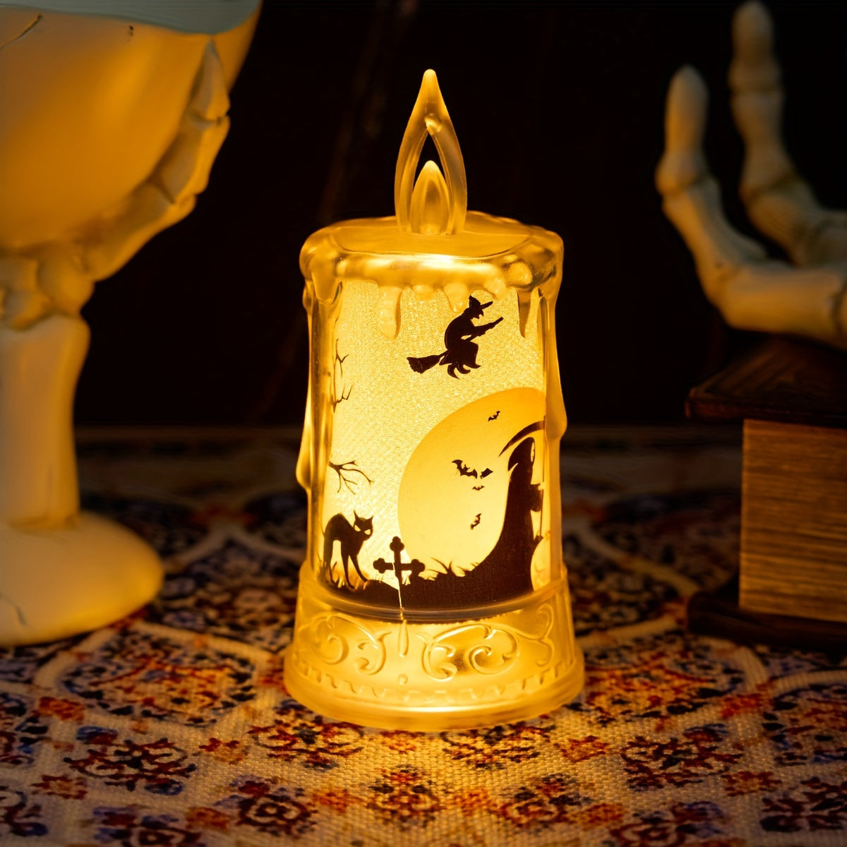 Halloween LED Candle Lights, 1-Pack, Spooky Tabletop Decorations, Plastic Flickering Flameless Pillar Candles, Includes Batteries, Halloween Party Supplies, Ghostly Scene Props, Button Battery Operated