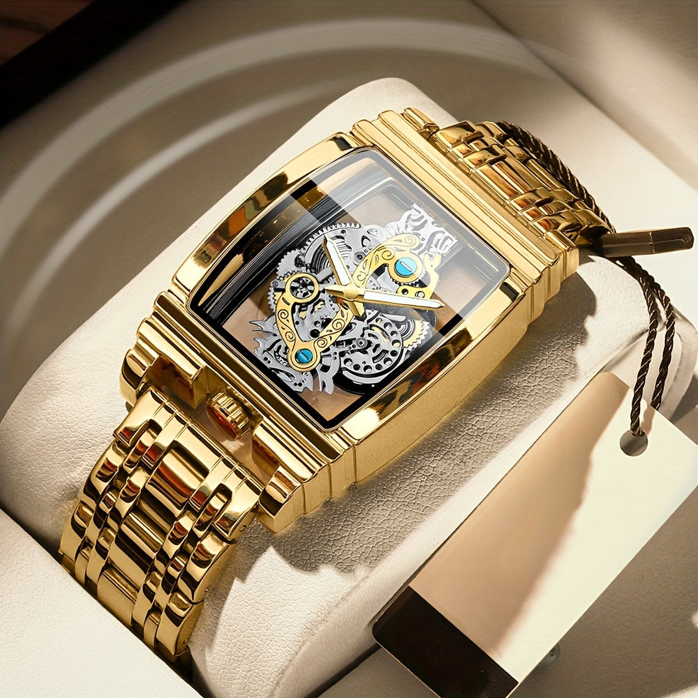 Sleek Luxury Men's Quartz Watch - Stainless Steel Band, Luminous Dial, Hollow-Out Design, Folding Clasp