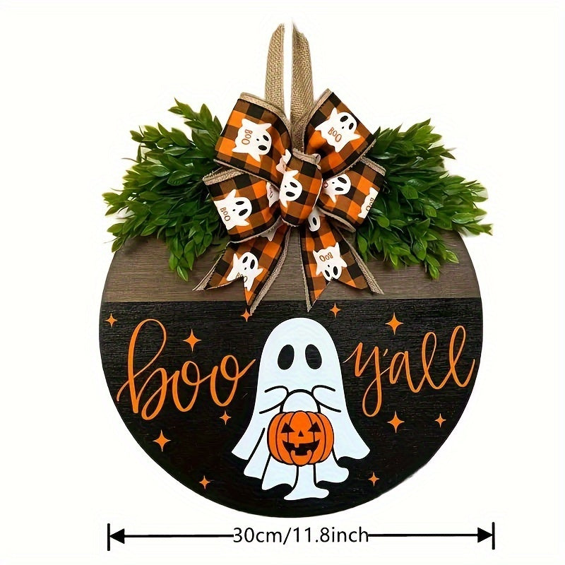 Boo Y'all Halloween Wooden Door Hanger - Wall Mount Festive Welcome Sign with Ghost, Pumpkin, and Fall Ribbon - Perfect Housewarming Gift and Party Decoration for Home, Office, and Garden - No Electricity Needed