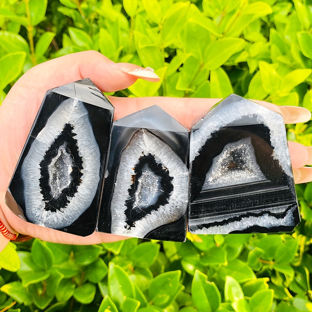 1PC Natural Black Onyx Geode Agate Point Crystal - Unique DIY Home Decor, Jewelry Making, Party Decoration Accent for Birthday, Halloween, Christmas