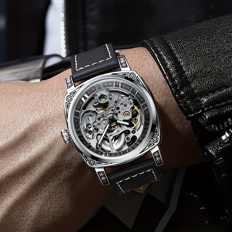 Elegant Mechanical Men's Watch: Self-Winding, Waterproof, with Stylish Hollow Design - Round Dial & Precision Timekeeping