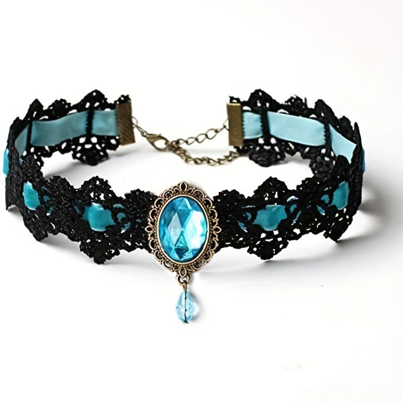 Black Lace Gothic Collar Vampire Collar Pendant Chain Rhinestone Punk Halloween Costume Jewelry