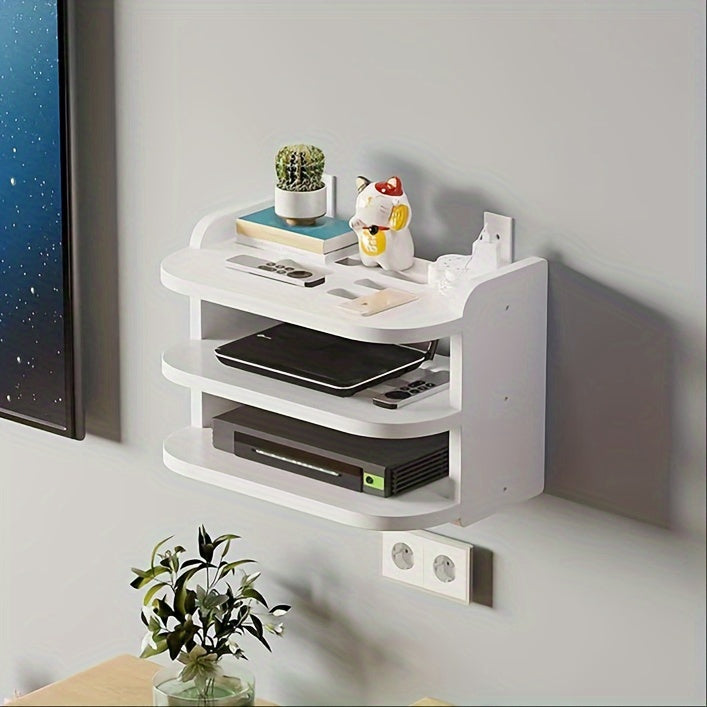Space-Saving Wall-Mounted Shelf, Durable PVC Material, No-Drill Router & TV Top Box Organizer - Sleek White Storage Solution for Electronics, Cable Storage Organizer