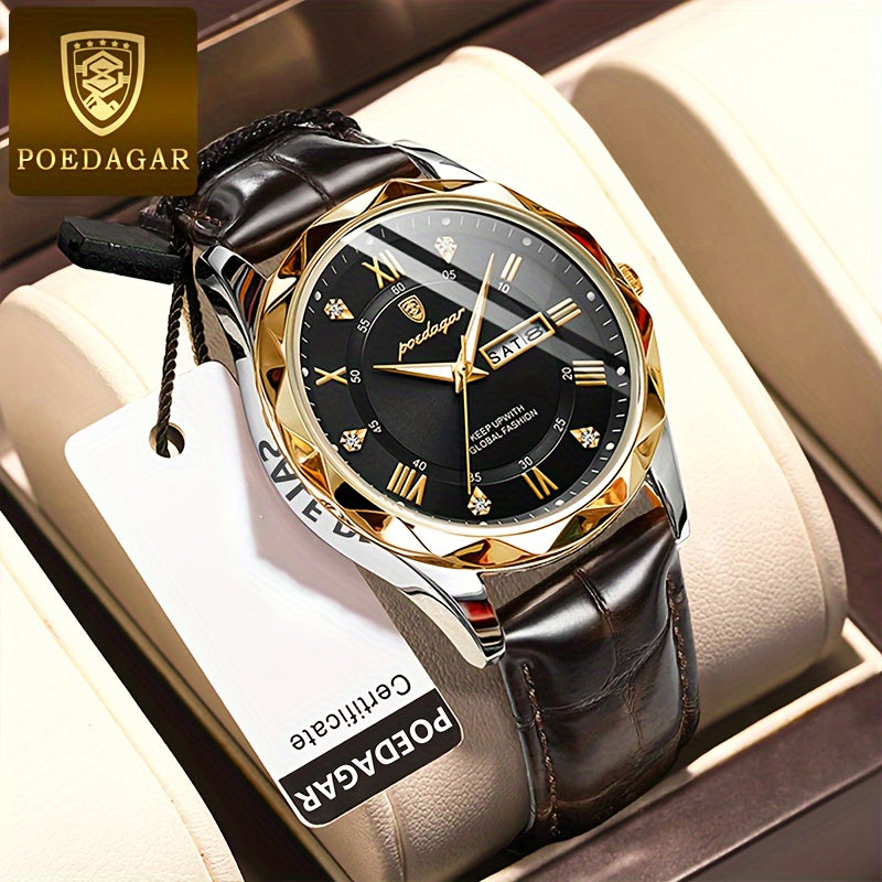1pc POEDAGAR Men'S Casual Waterproof Luminous Dual Calendar Quartz Watch, Round Alloy Case, PU Leather Strap, Analog Display, 3ATM Dive Resistance, Battery Operated (Non-Rechargeable)