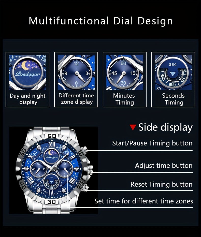 [New Business Water Resistance Watch] POEDAGAR 2024 New Business Executive Men's Quartz Chronograph Watch with Water Resistance, Night Light, and Stainless Steel Band