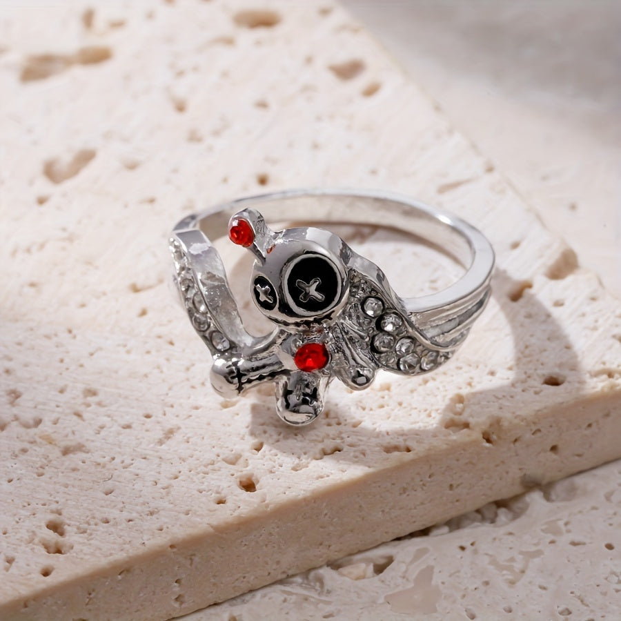 1pc Gothic Cartoon Red Heart Voodoo Doll Ring – Whimsical Devil Design with Glass & Alloy Accents, Edgy Halloween Jewelry Gift for Women, Costume Accessory | Whimsical Jewelry | Alloy Construction