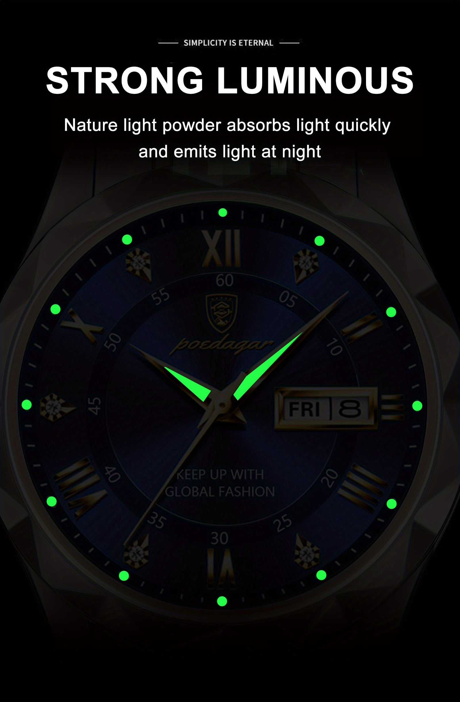 POEDAGAR Fashion Men's Watch Quartz Watches Waterproof Glow Calendar Luxury Stainless Steel Men's Watch, Ideal choice for Gifts