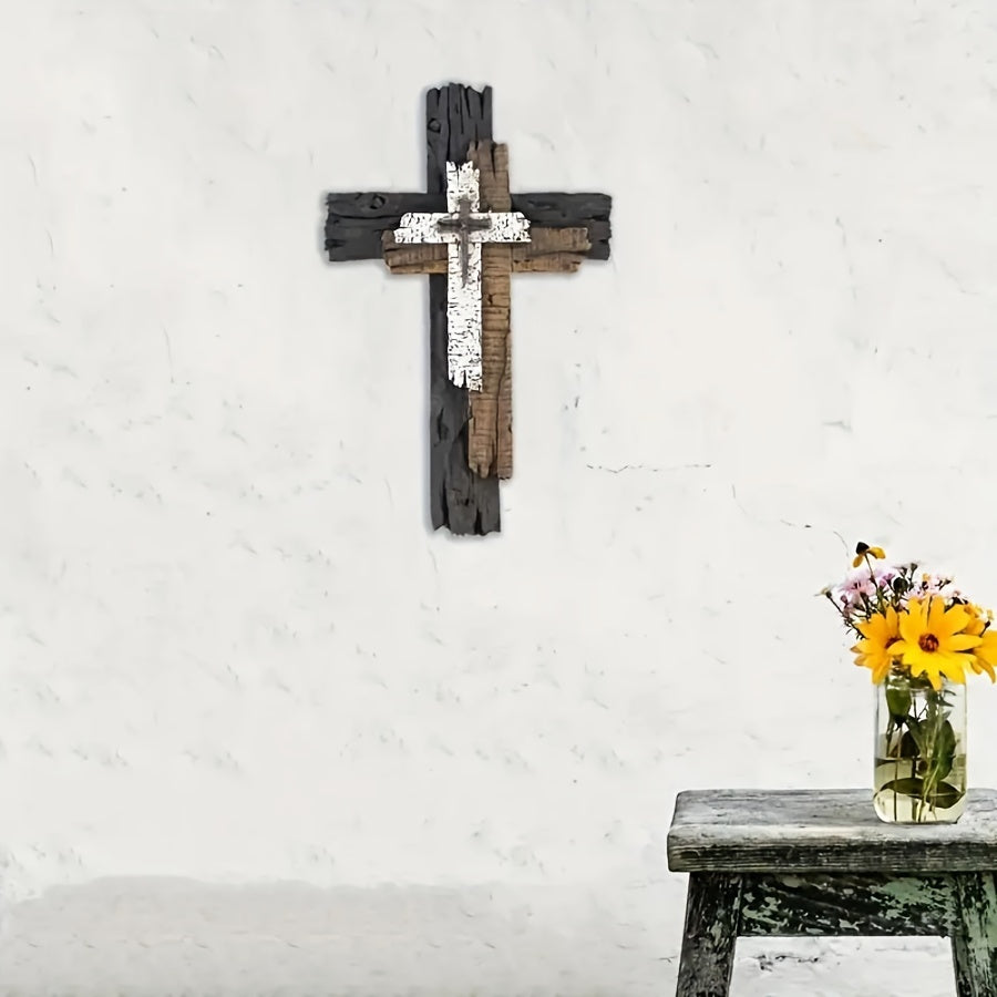 Rustic Wooden Wall Cross Decor - Layered, Space-Themed, Faux Wood Hanging Art Piece with Unique Texture - Perfect for Living Room, Religious Decor, Christmas, Halloween, Easter Celebrations, and Home Decor