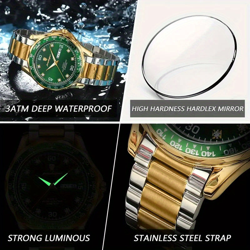 1pc POEDAGAR Luxury Analog Quartz Watch with Chronograph, Green Dial & Golden Hands - /Alloy Case, High Quality 1181.1inch, Night Light, Multi-Dial (Day/Date/Day of Week/Date of Month) - Elegant Women's & Men's Watch for Wedd