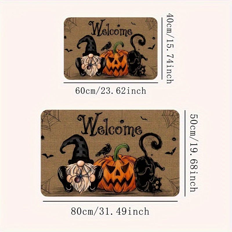 Halloween-Themed Non-Slip Door Mat With Pumpkin, Black Cat & Gnomes Design - Washable Polyester Entrance Rug For Home & Kitchen Decor
