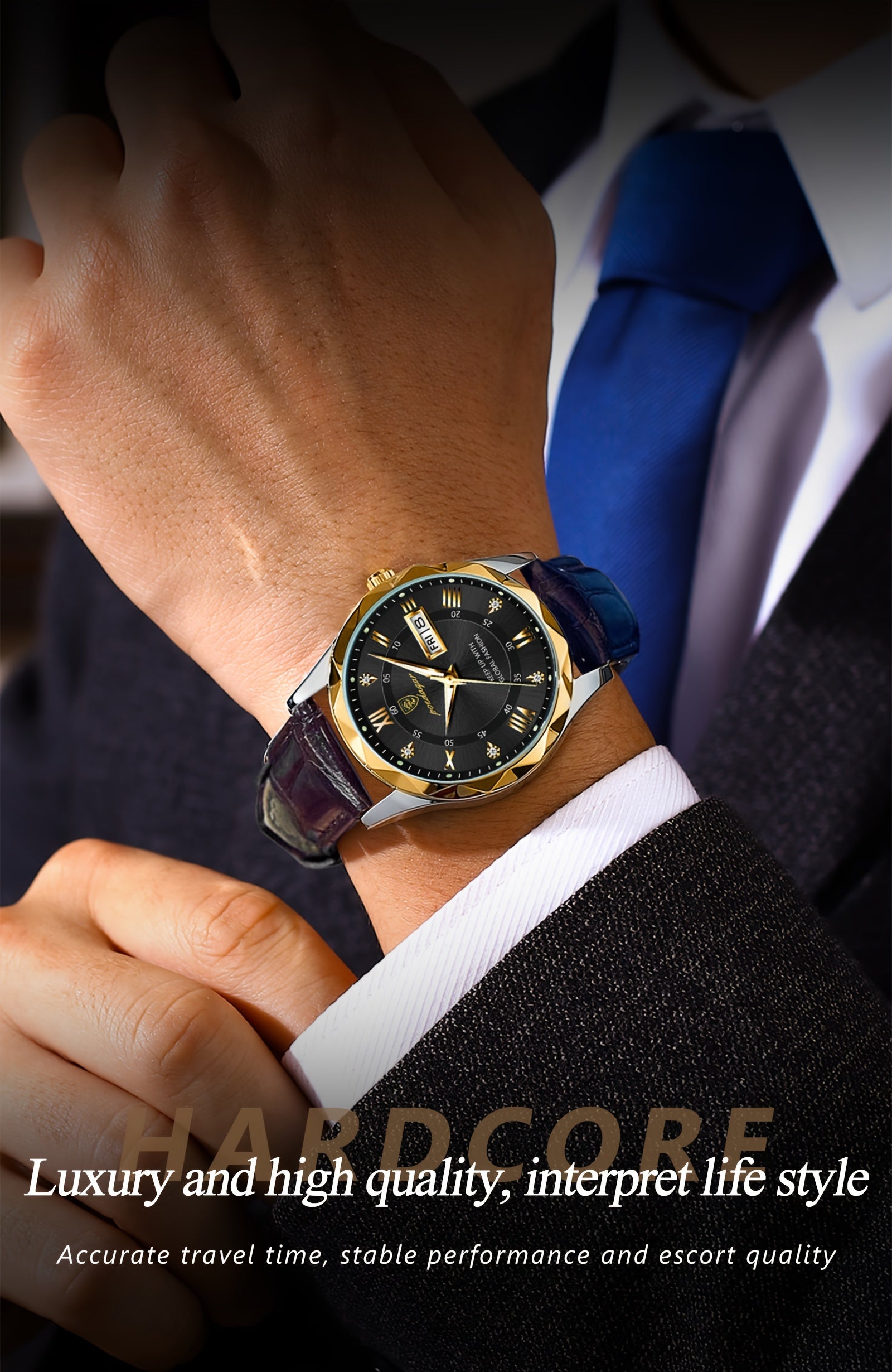 1pc POEDAGAR Men'S Casual Waterproof Luminous Dual Calendar Quartz Watch, Round Alloy Case, PU Leather Strap, Analog Display, 3ATM Dive Resistance, Battery Operated (Non-Rechargeable)