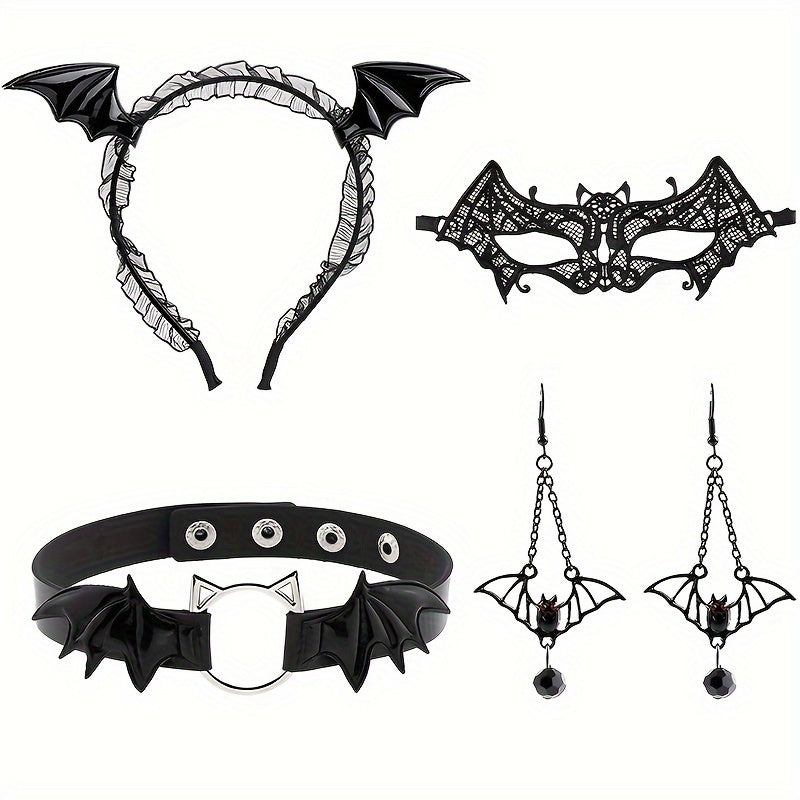4-Piece Halloween Bat Costume Accessory Set with Headband and Mask, PU Leather Choker Necklace, Bat Earrings - Perfect for Cosplay, Masquerade, Carnival, Birthday, Bachelorette Party - Themed for Christmas, Halloween, Easter,