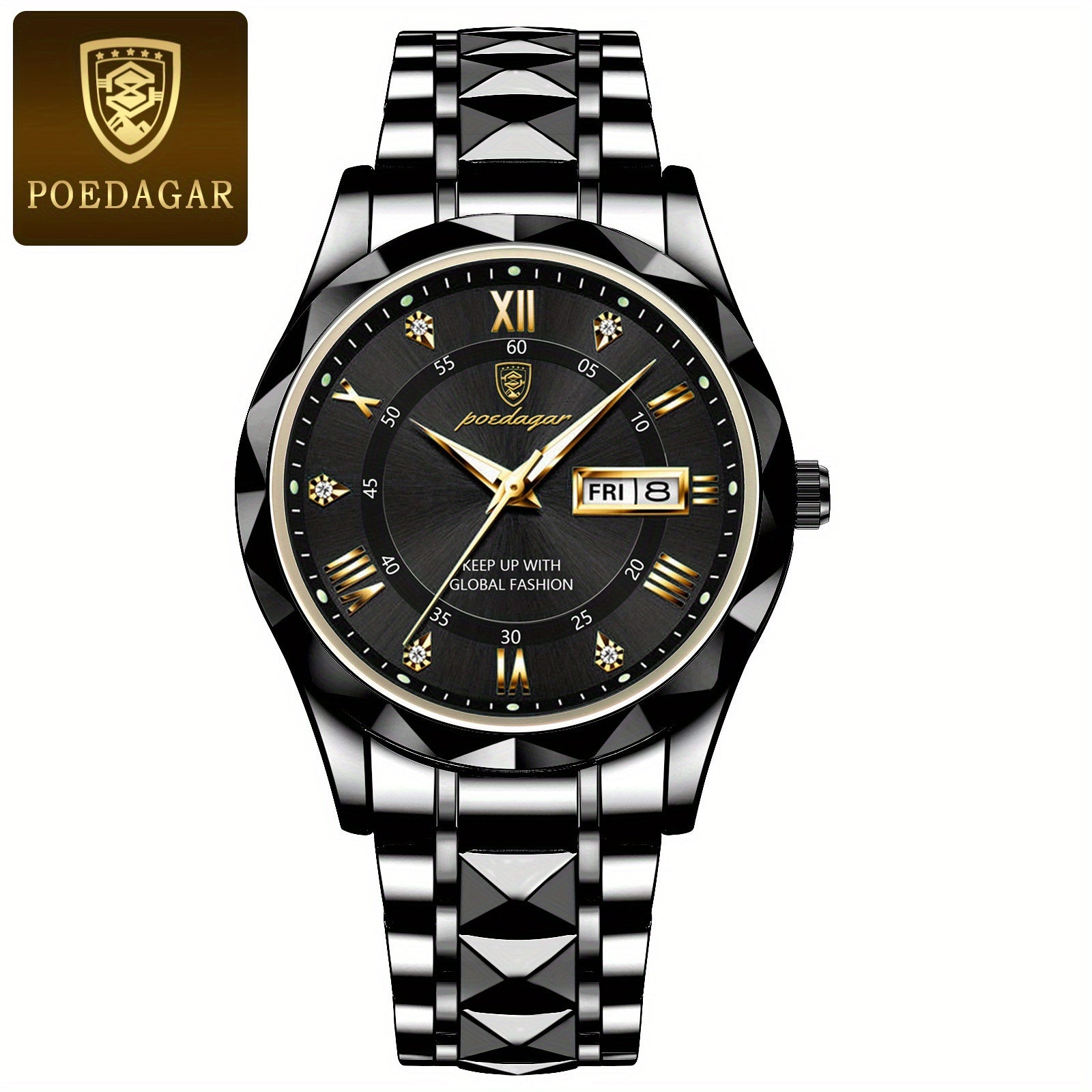 POEDAGAR Fashion Men's Watch Quartz Watches Waterproof Glow Calendar Luxury Stainless Steel Men's Watch, Ideal choice for Gifts