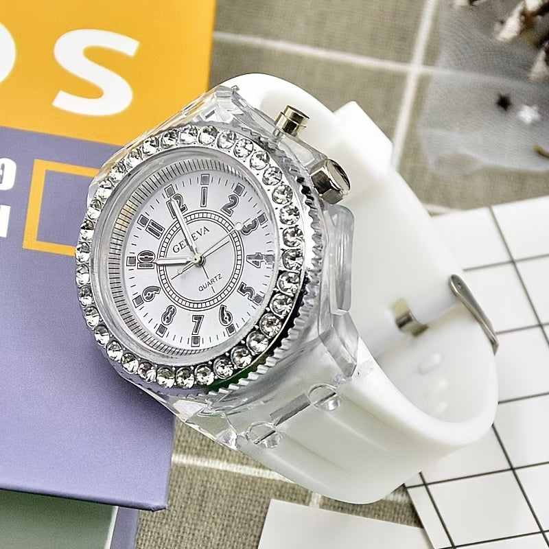 Glow-in-the-Dark LED Trendy Couple'S Watch with Crystal Embellishments, Silicone Strap, and Luminous Display - Perfect for Casual Attire, Casual Watch|Glamorous Timepiece|Polycarbonate Case