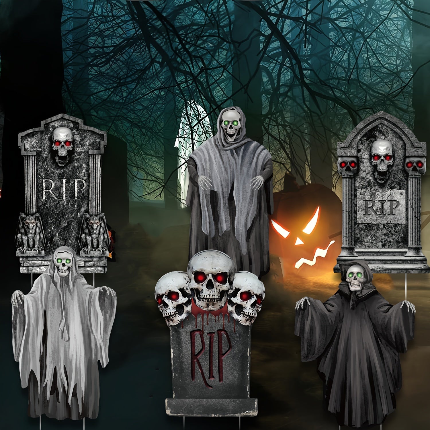 6-pack Spooky 6-Pack Halloween Yard Decorations: Plastic Ghosts & Tombstones with Stakes for Lawn Graveyard Display