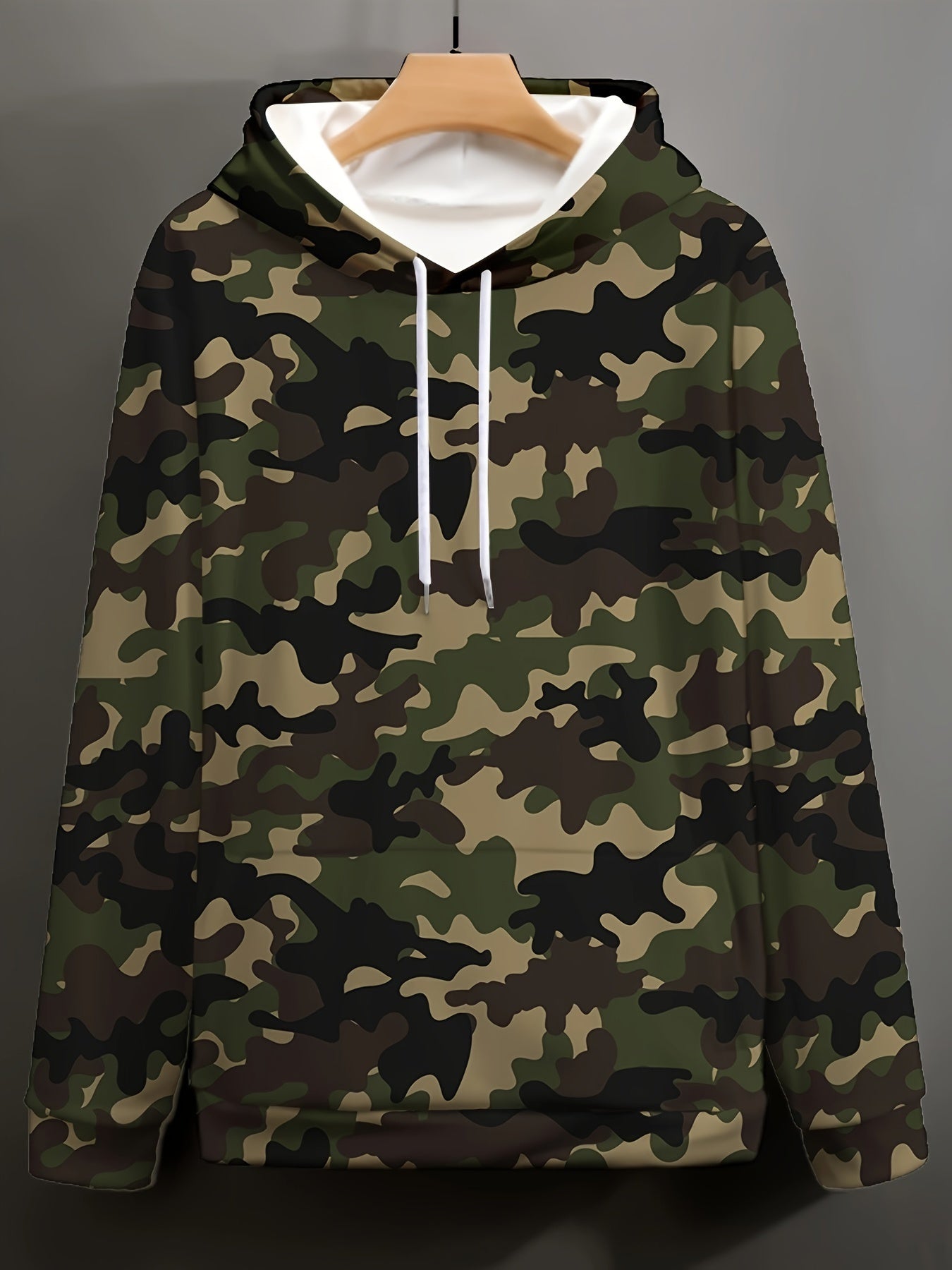 Plus Size Men's Stylish Loose Camouflage Graphic Print Hoodie With Pockets, Casual Breathable Long Sleeve Hooded Sweatshirt For Outdoor Activities, Men's Clothing