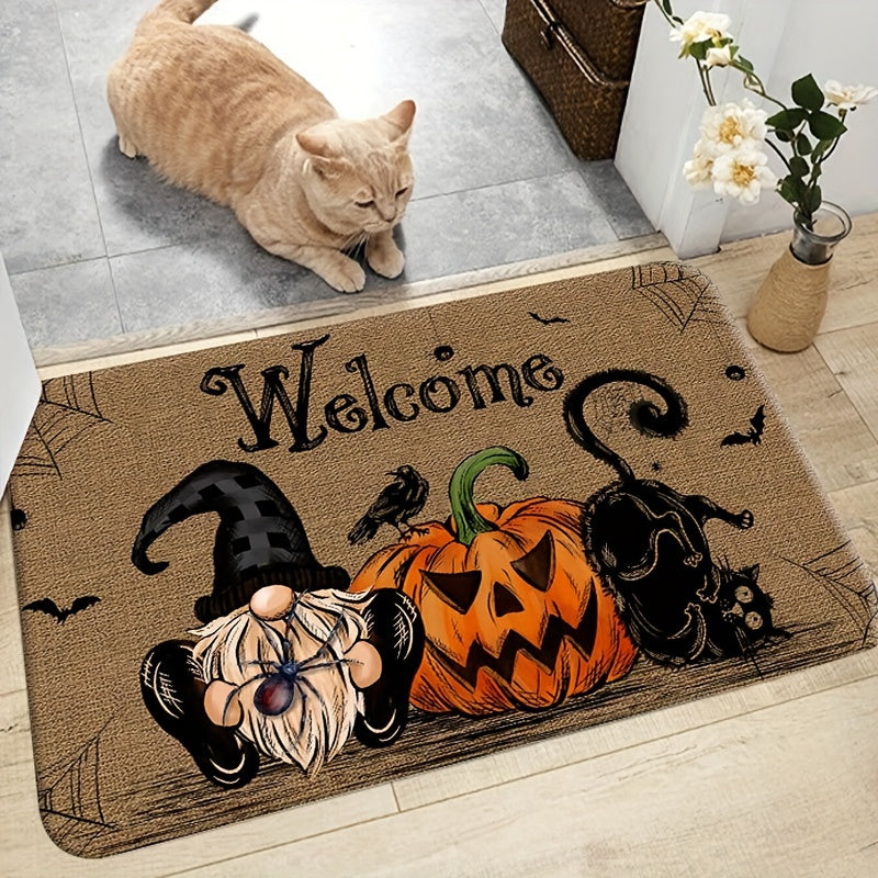 Halloween-Themed Non-Slip Door Mat With Pumpkin, Black Cat & Gnomes Design - Washable Polyester Entrance Rug For Home & Kitchen Decor