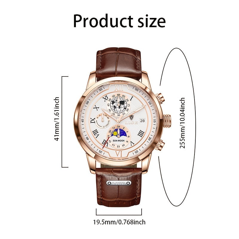 LIGE New Watch Night Light Moon Phase Quartz Watch, Fashion Multi Functional Calendar Sports Men's Watch