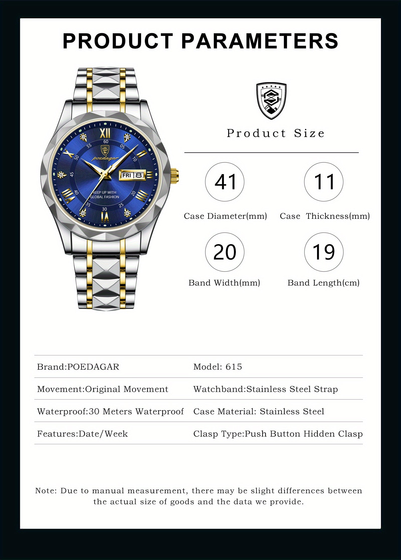 POEDAGAR Fashion Men's Watch Quartz Watches Waterproof Glow Calendar Luxury Stainless Steel Men's Watch, Ideal choice for Gifts