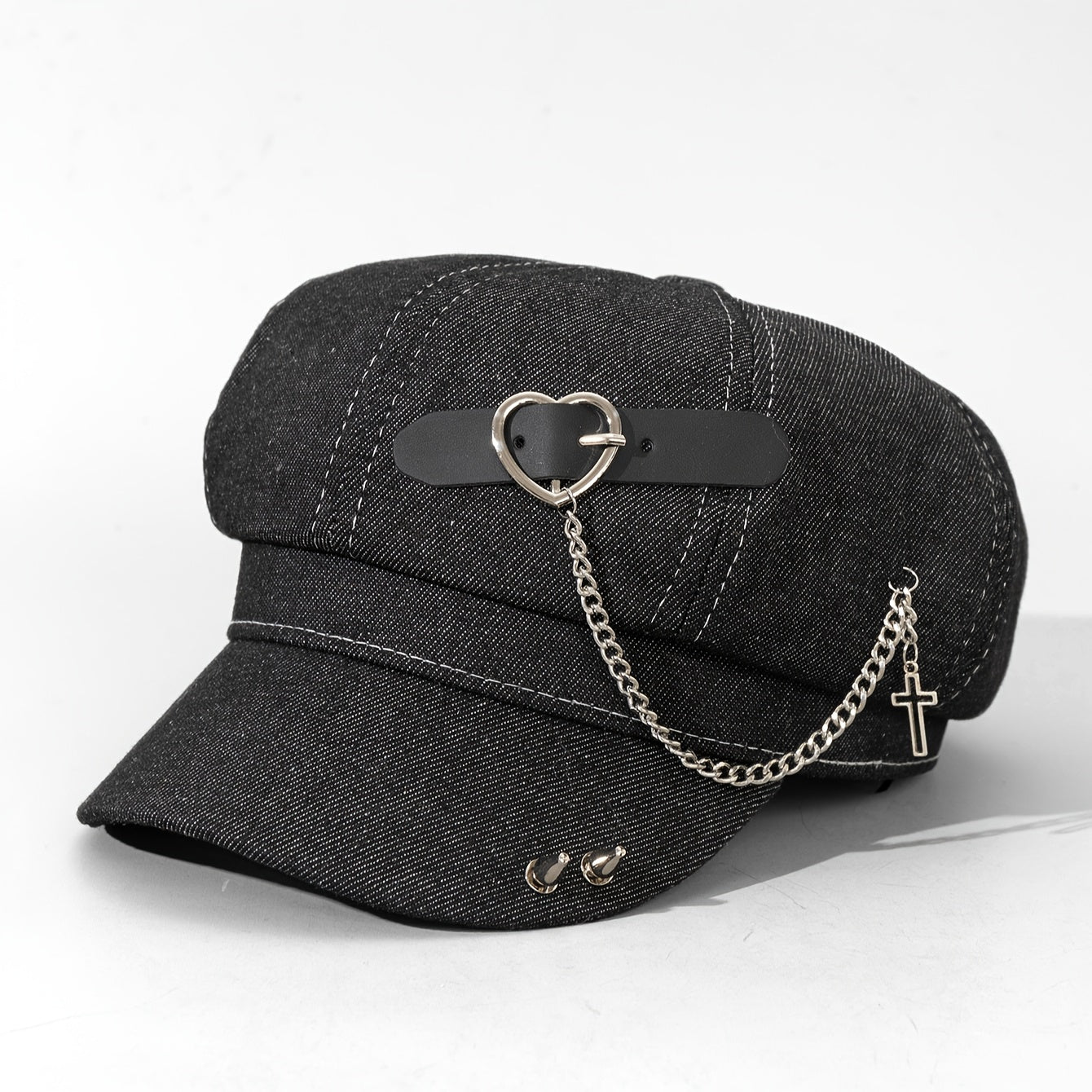 1pc Punk Style Denim Newsboy Cap with Metal Chain & Belt Detail - Black Washed Polyester Beret for Women, Lightweight & Hand Washable, Perfect for Parties, Halloween, and Gifts