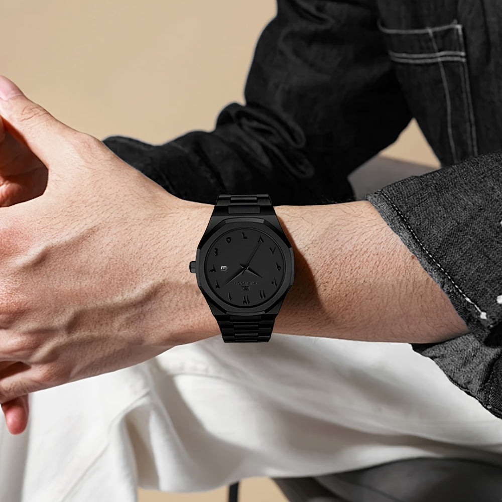 [Luxury Men's Watch] VA VA VOOM Luxury Men's Watch | Stainless Steel Black & Golden Chronograph with Arabic Numerals, Quartz Movement, Elegant Business Style | Perfect Gift for Dad, Husband, Boyfriend on Father's Day, Valenti