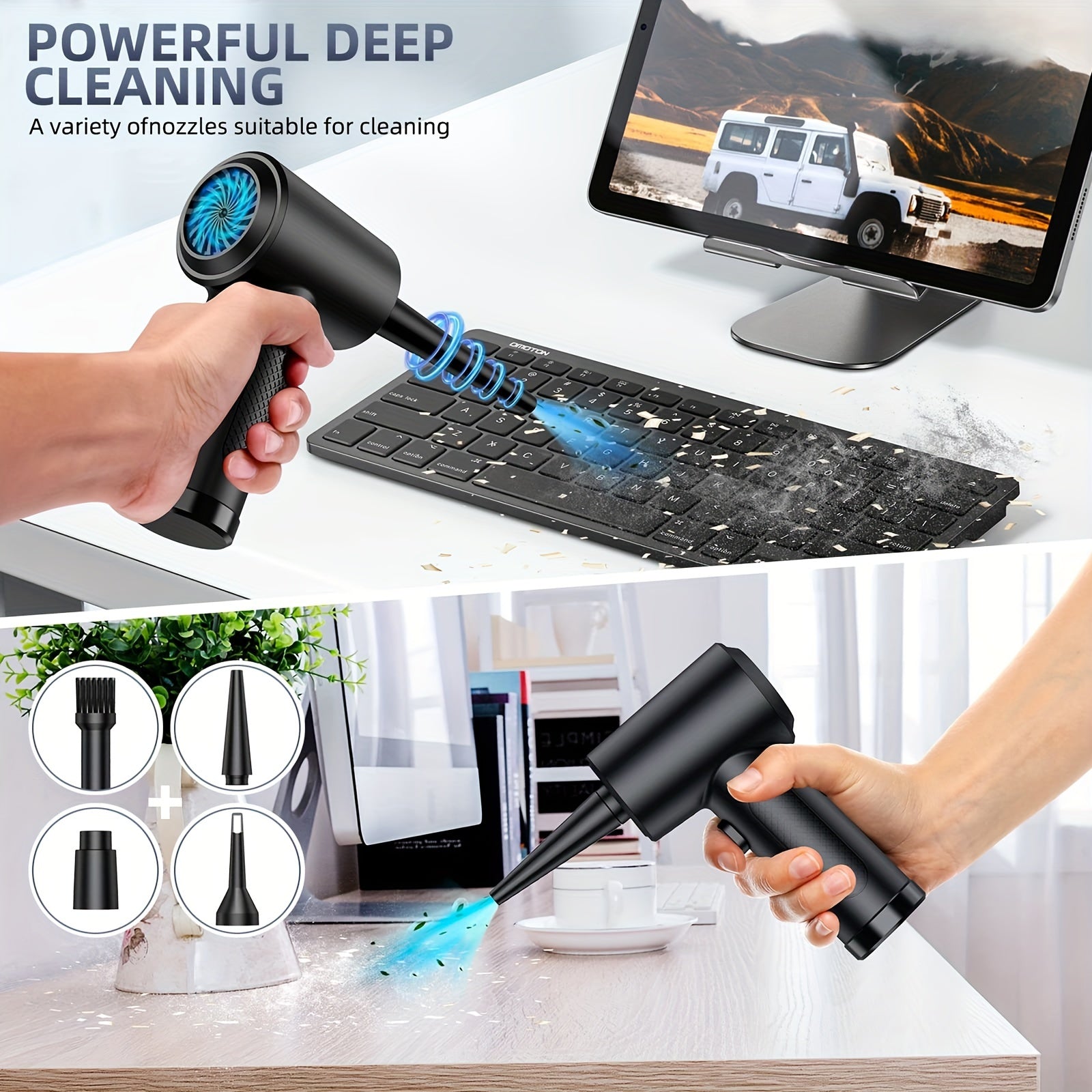 4000mAh Rechargeable Portable 3-Speed Electric Air Duster with LED Light, Cordless, Fast Charge, Ideal for Keyboards & Electronics, Black