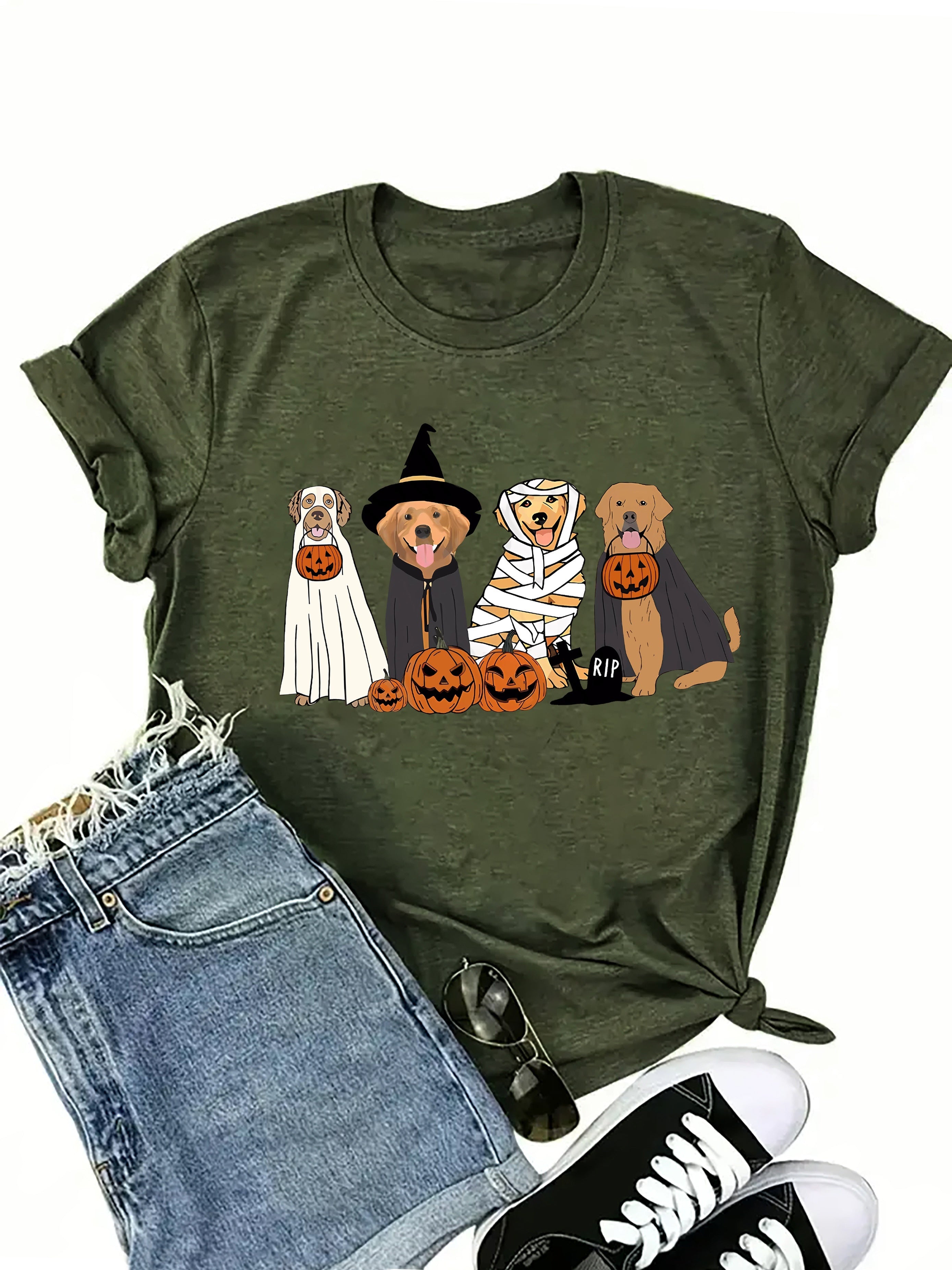 Halloween Dog Themed T-Shirt for All Seasons - Casual Polyester Knit Fabric with Round Neckline, Pumpkin Carved Jack-o'-Lanterns & Wrapped Dogs Design, Regular Fit