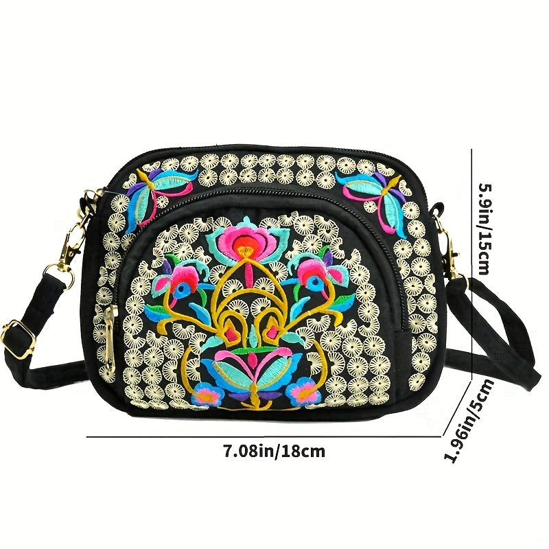 Vibrant Floral Embroidered Crossbody Bag for Women - Lightweight, Double-Sided Design with Detachable Strap, Zipper Closure, and Phone Pocket - Perfect for Casual Outings, Travel Accessory | Vibrant Pattern Bag | Coin Purse