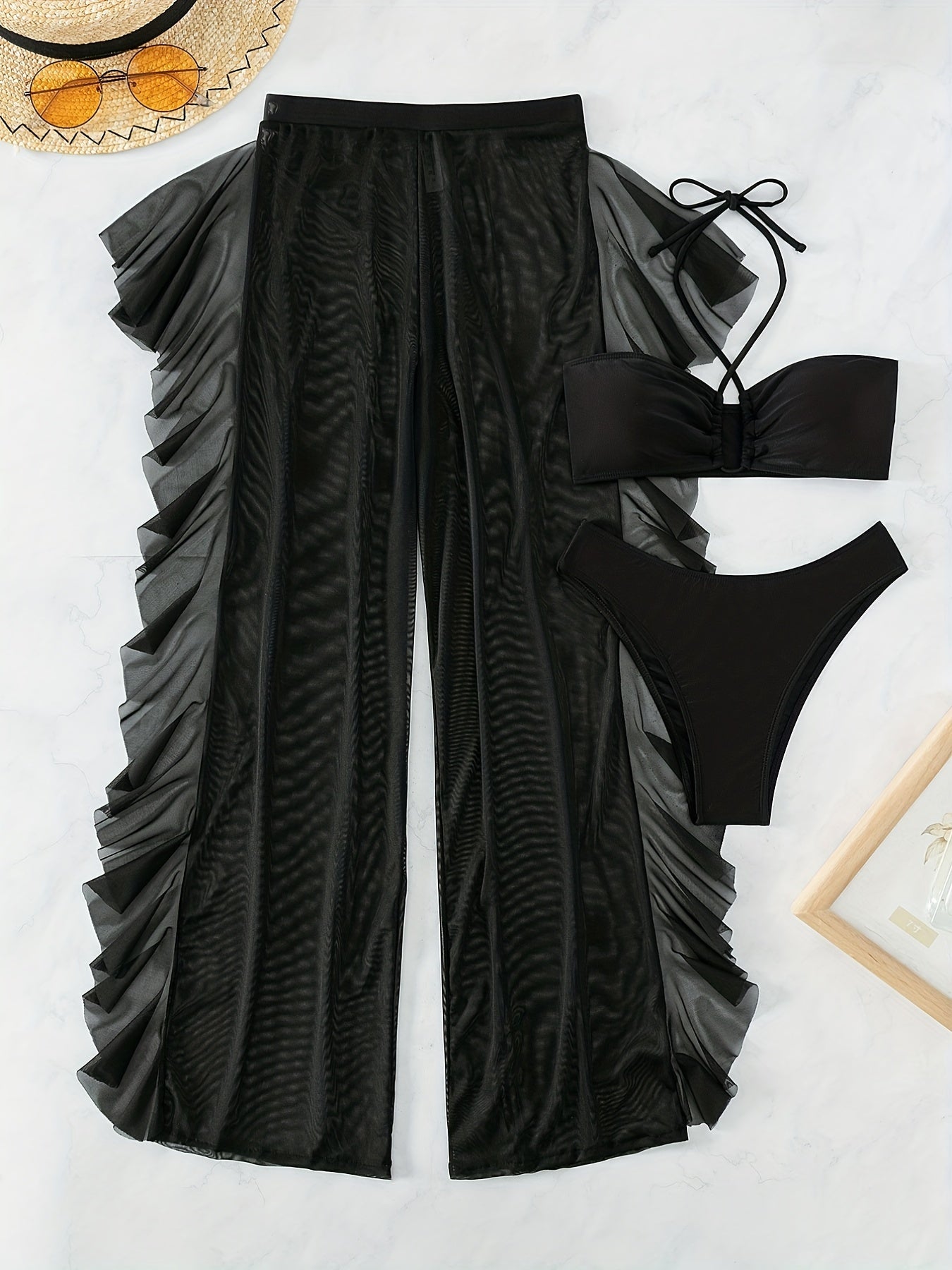 [Sexy Mesh Bikini] Three-piece Sexy Black Mesh Bikini Swimsuit Women's Pure Fashion Gathered Cross-Band Panty