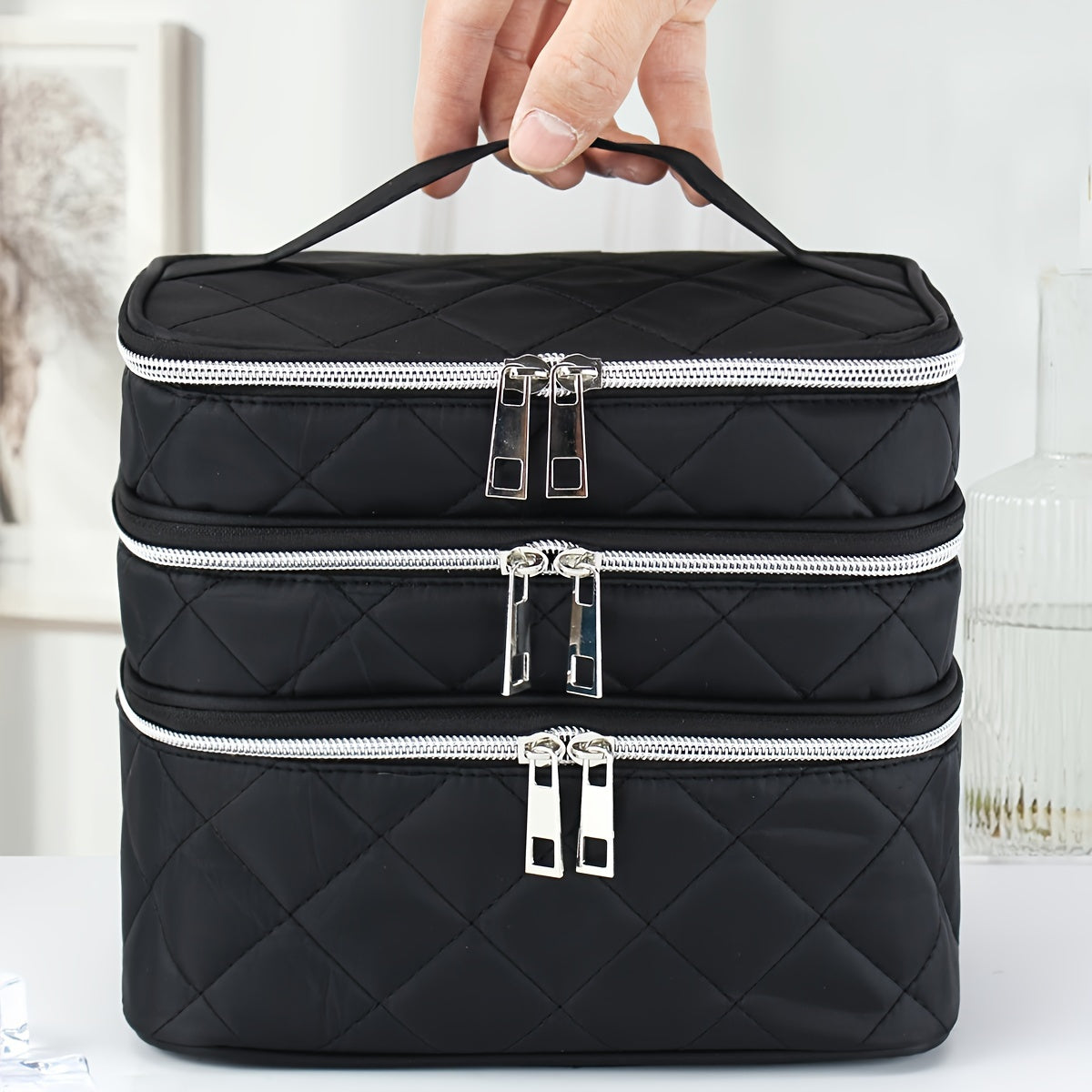 Large Capacity Black Rhombus & Travel Organizer Handbag - 3-Tier/Double-Layer Portable Makeup Case with Golden-Tone Zippers, White Piping Trim, Durable Multi-Compartment Storage for, Spacious for Brushes, Lipstick, Electronic