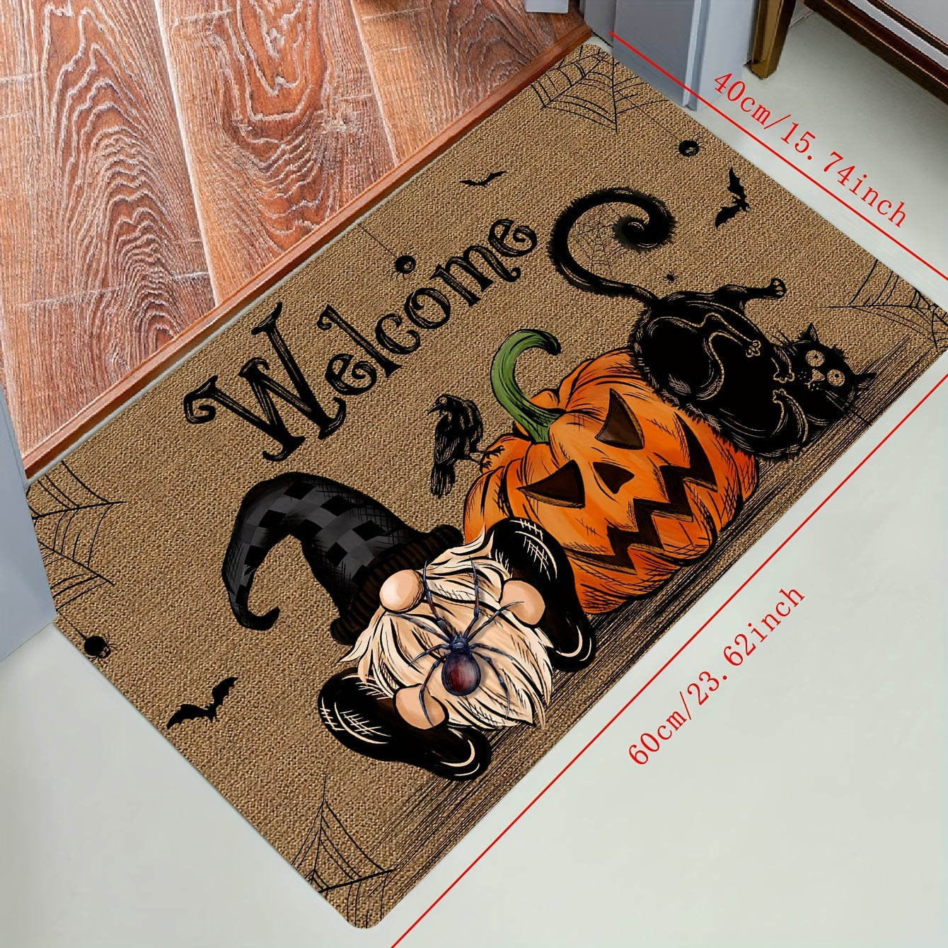 Halloween-Themed Non-Slip Door Mat With Pumpkin, Black Cat & Gnomes Design - Washable Polyester Entrance Rug For Home & Kitchen Decor