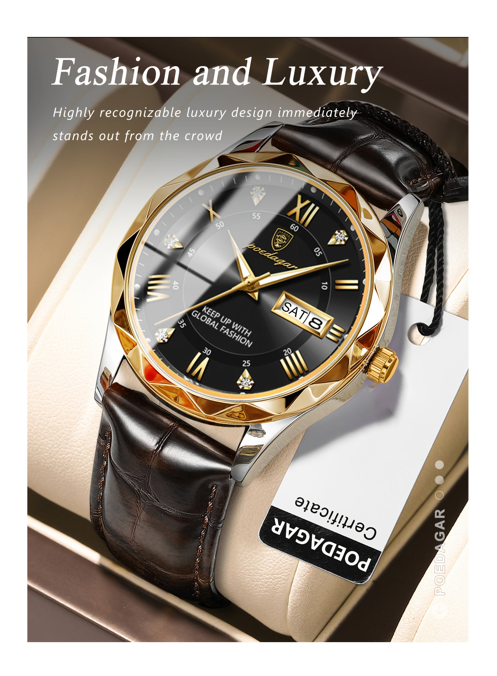 1pc POEDAGAR Men'S Casual Waterproof Luminous Dual Calendar Quartz Watch, Round Alloy Case, PU Leather Strap, Analog Display, 3ATM Dive Resistance, Battery Operated (Non-Rechargeable)