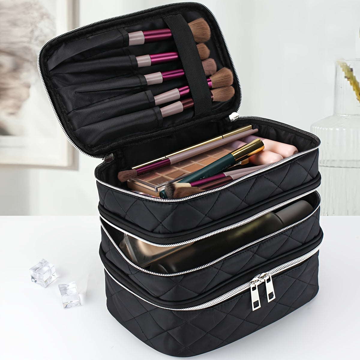 Large Capacity Black Rhombus & Travel Organizer Handbag - 3-Tier/Double-Layer Portable Makeup Case with Golden-Tone Zippers, White Piping Trim, Durable Multi-Compartment Storage for, Spacious for Brushes, Lipstick, Electronic