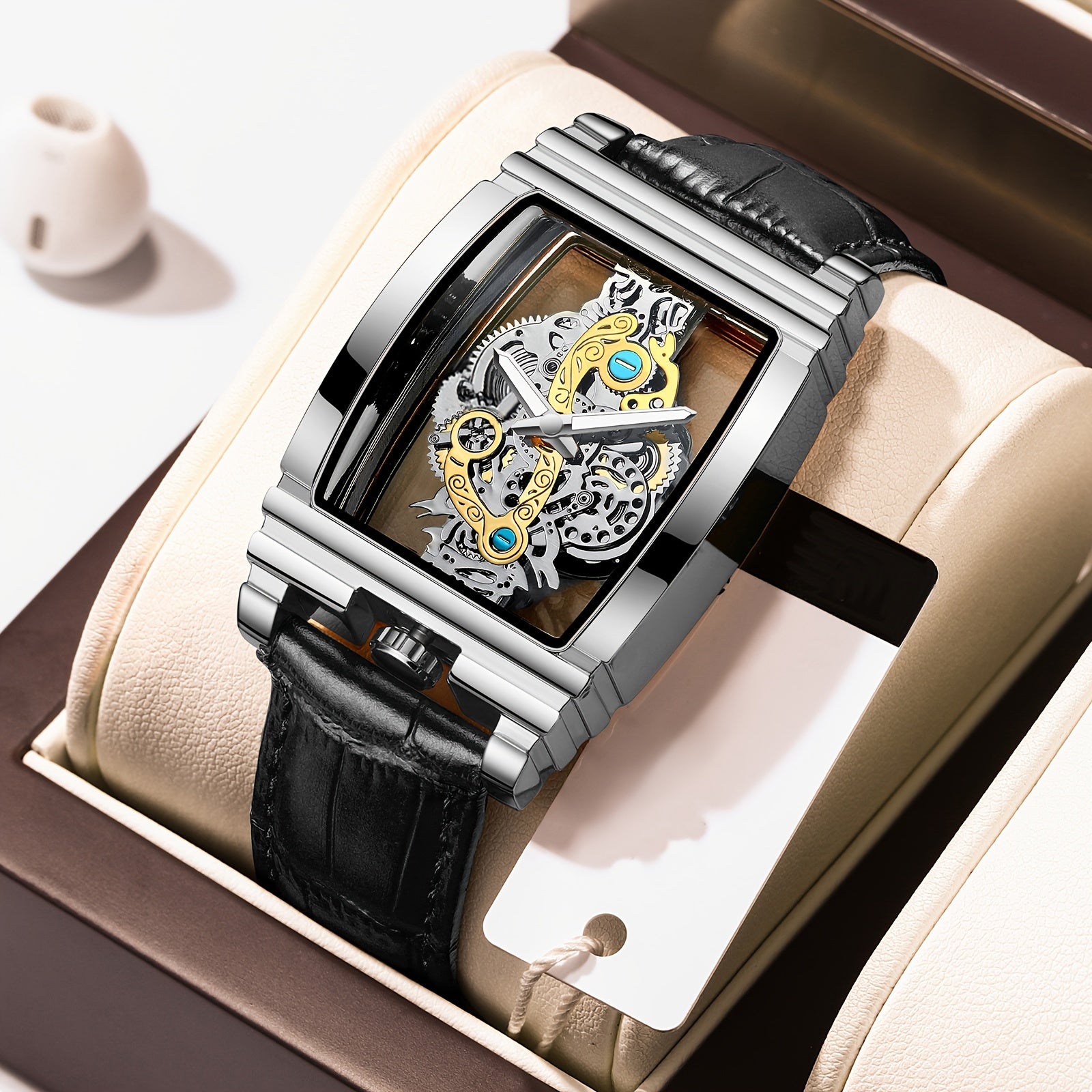 Sleek Luxury Men's Quartz Watch - Stainless Steel Band, Luminous Dial, Hollow-Out Design, Folding Clasp