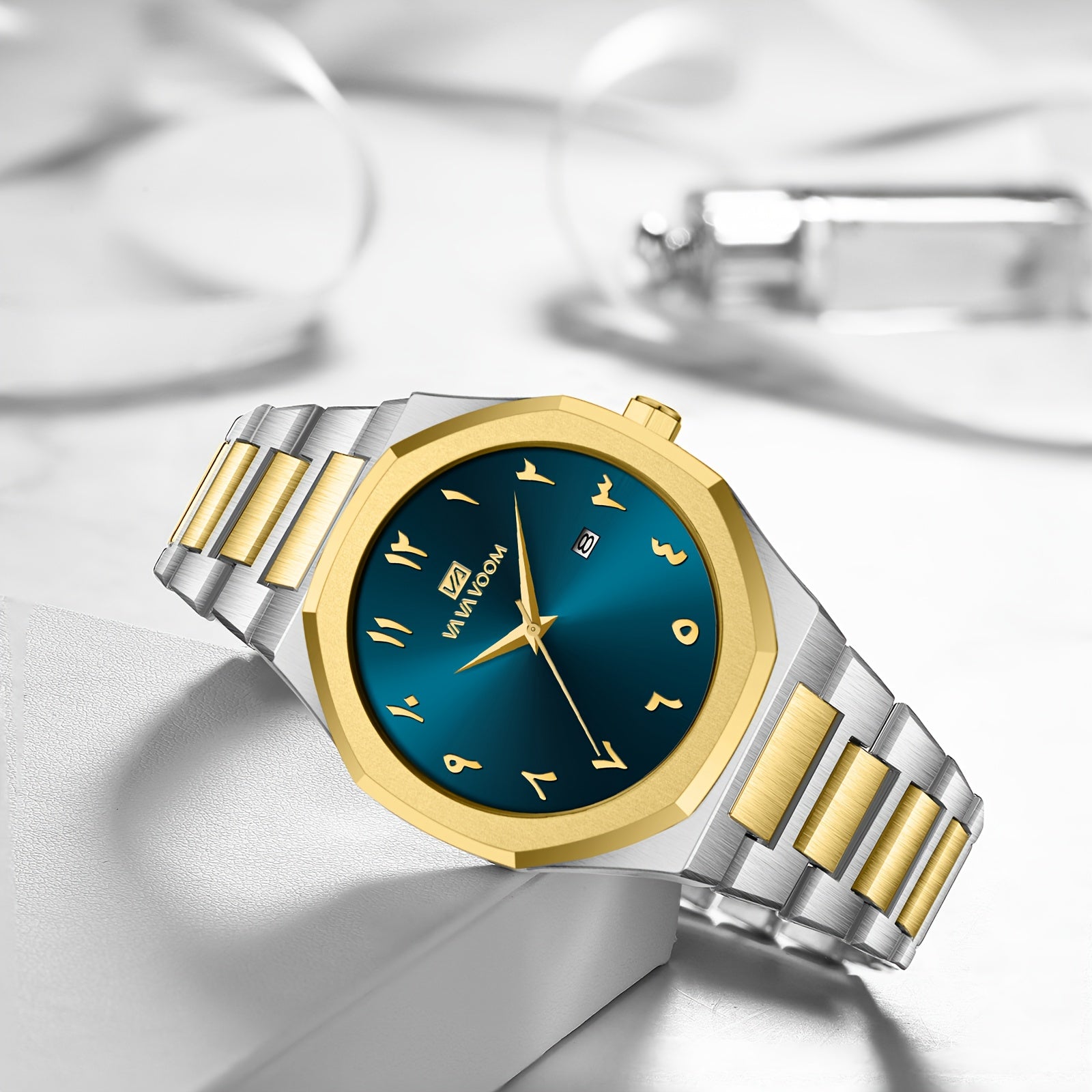 [Luxury Men's Watch] VA VA VOOM Luxury Men's Watch | Stainless Steel Black & Golden Chronograph with Arabic Numerals, Quartz Movement, Elegant Business Style | Perfect Gift for Dad, Husband, Boyfriend on Father's Day, Valenti