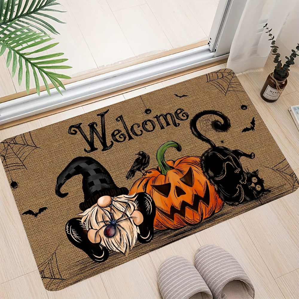 Halloween-Themed Non-Slip Door Mat With Pumpkin, Black Cat & Gnomes Design - Washable Polyester Entrance Rug For Home & Kitchen Decor