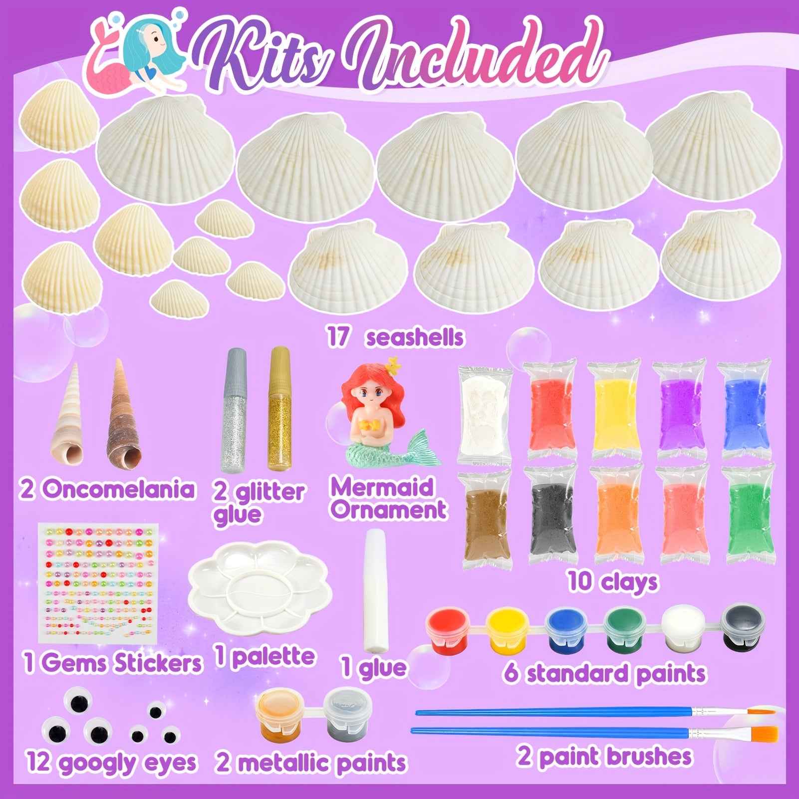 Easter Basket Stuffers 17pcs Seashells Art And Craft Kits for Kids, Age 3-10 Gifts Toys Girl Gifts Birthday Presents Air DIY Clay for Kids Mermaid Toys Kids Painting Set