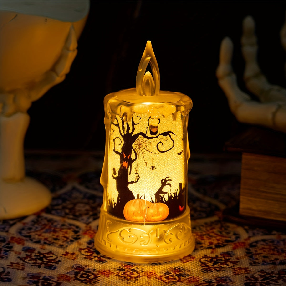 Halloween LED Candle Lights, 1-Pack, Spooky Tabletop Decorations, Plastic Flickering Flameless Pillar Candles, Includes Batteries, Halloween Party Supplies, Ghostly Scene Props, Button Battery Operated