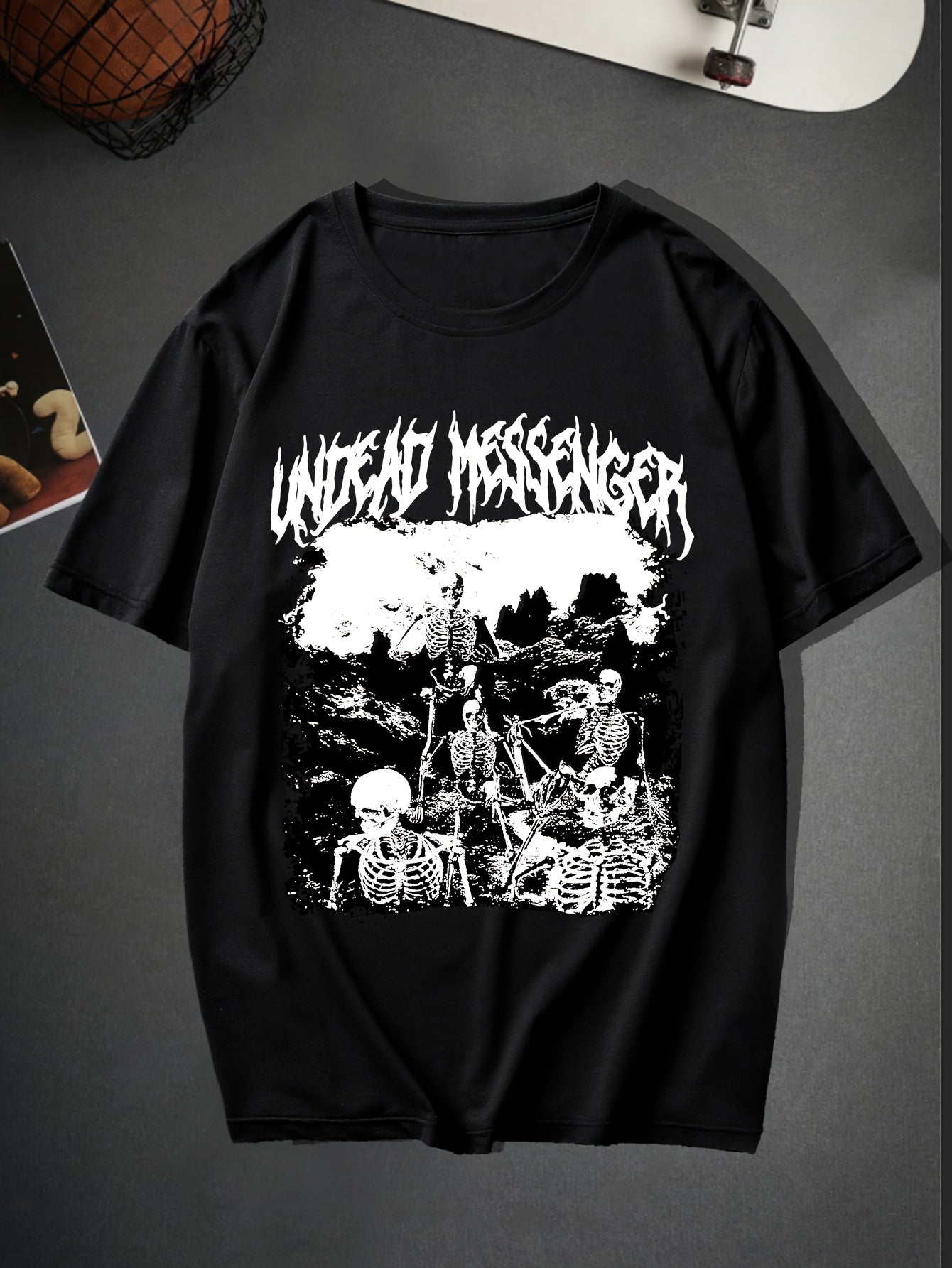 Trendy Skeleton & Letter Pattern Print Men's Comfy T-shirt For Halloween, Graphic Tee Men's Summer Outdoor Clothes, Men's Clothing, Tops For Men