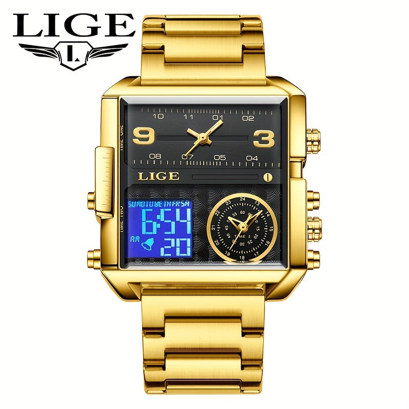 LIGE Fashion Luxury Men's Watch. Watch with Square Stainless Steel Strap. Dual Display Nightlight Second Timer Sports Outdoor Watch. Suitable for Halloween And Christmas Gifts.