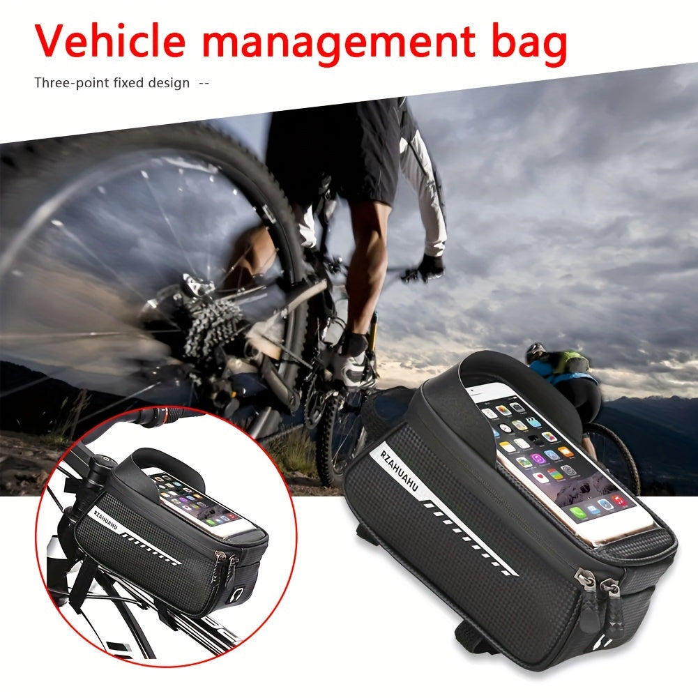 Waterproof Bike Front Frame Bag With TPU Touch Screen Visor And Rain Cover - Bike Storage And Phone Holder For Mountain Bikes (suitable For Phones Under 7 Inches)